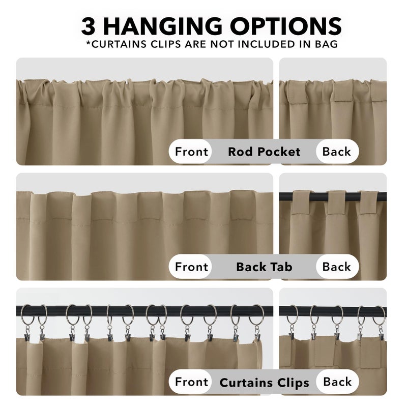 Deconovo Solid Back Tab and Rod Pocket Curtains Thermal Insulated Blackout Window Curtains for Kitchen 52Wx54L Inch Khaki 2 Panels - Image 2